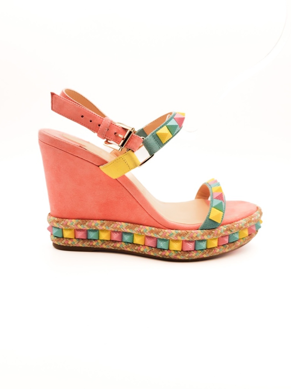 Christian Louboutin Suede Pink Pastel Studded Wedge Platform Sandals EU 38